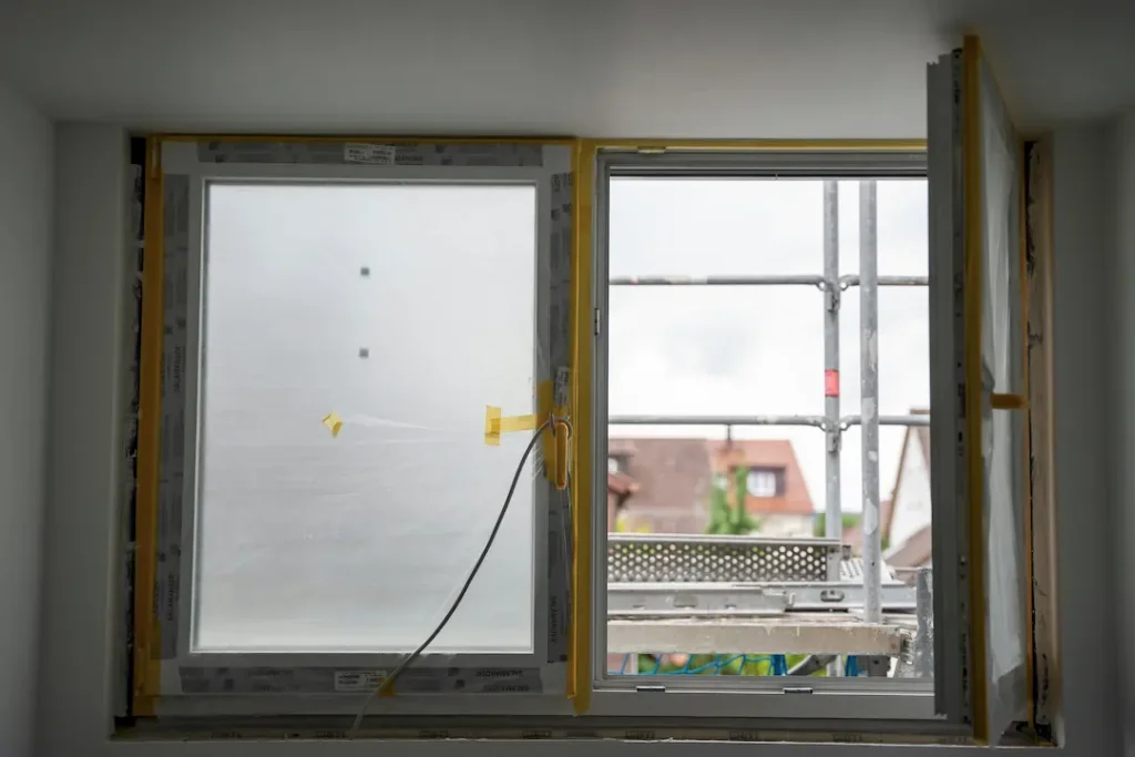 Szczegółowy przekrój architektoniczny okna ukazuje otwarte skrzydło obok dużego przeszklenia, z widokiem na budynki i zieleń na zewnątrz; ton techniczny, neutralny.